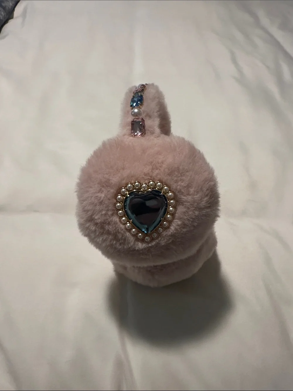 Pink Faux Fur Heart Earmuffs with Pearl Accent